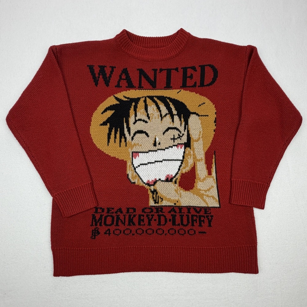Mens One Piece Monkey D Luffy Wanted Poster Red Graphic Knit Sweater NO SIZE